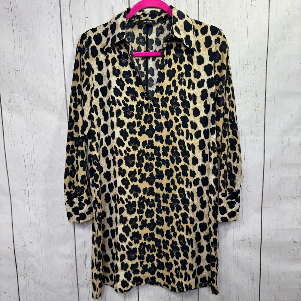 Zara Basic Leopard Print Tunic Top M Long Sleeve Button Cuff Animal Print